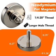 4PCS Strong Round Cup Magnet with 1/4”-20 Male Threaded Stud,Φ1.26 115lbs Ve…