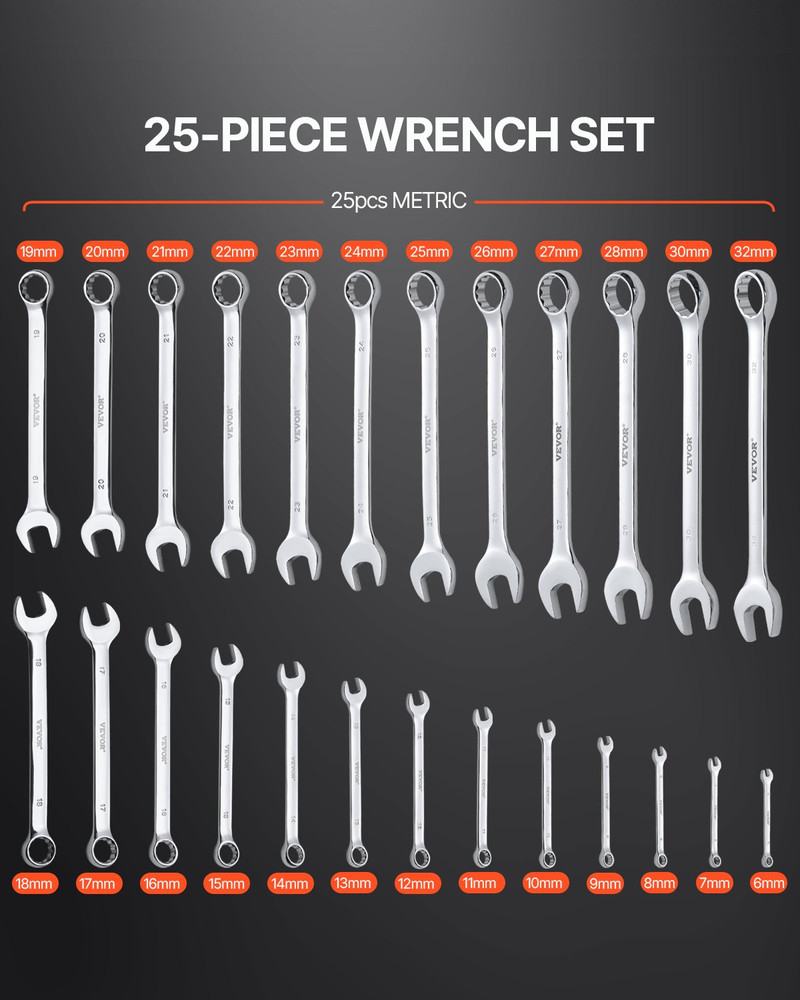 VEVOR 25-Pc Metric Combination Wrench Set, 6-32mm Open & Box End, Pouch