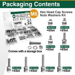 182PCS M6 Nuts and Bolts Assortment Kit A2-70 Stainless Steel Hex Screw Set