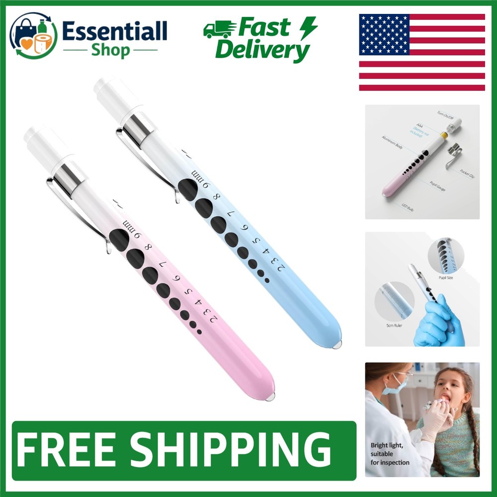 2 Pcs Durable LED Medical Penlight with Pupil Gauge – Gradient Pink & Blue