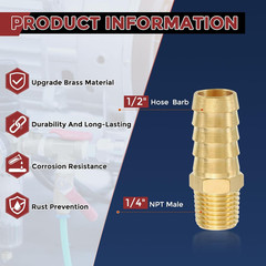 Pack of 1 Brass Hose Barb Fittings Adapter Connector 1/2″ Hose Barb to 1/4″ NPT