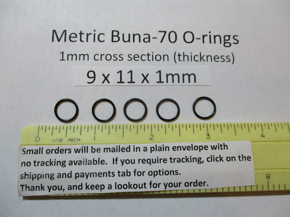 9mm ID x 11mm OD x 1mm thick O-ring. Buna-70. Quan 5.