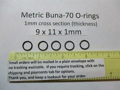 9mm ID x 11mm OD x 1mm thick O-ring. Buna-70. Quan 5.