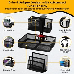 6-in-1 Clamp On Desk Organizer with Cup Holder & 360Â° Rotating Under Desk Dra