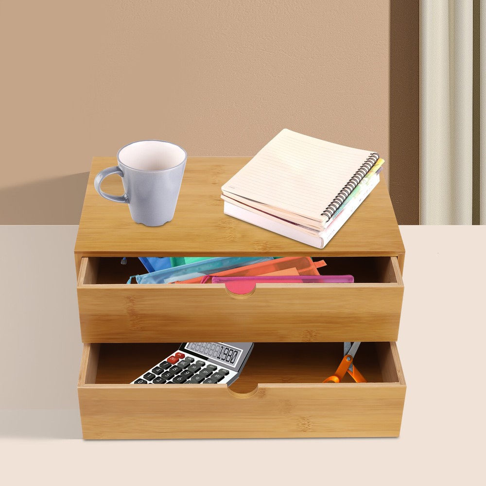 Bamboo Desk Organizer Drawers Tabletop Storage Box for Office Table Organization