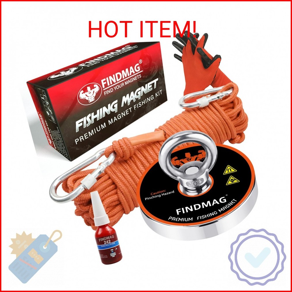 FINDMAG 1000 LBS Pulling Force Magnet Fishing Kit Fishing Magnets with Rope, Pre