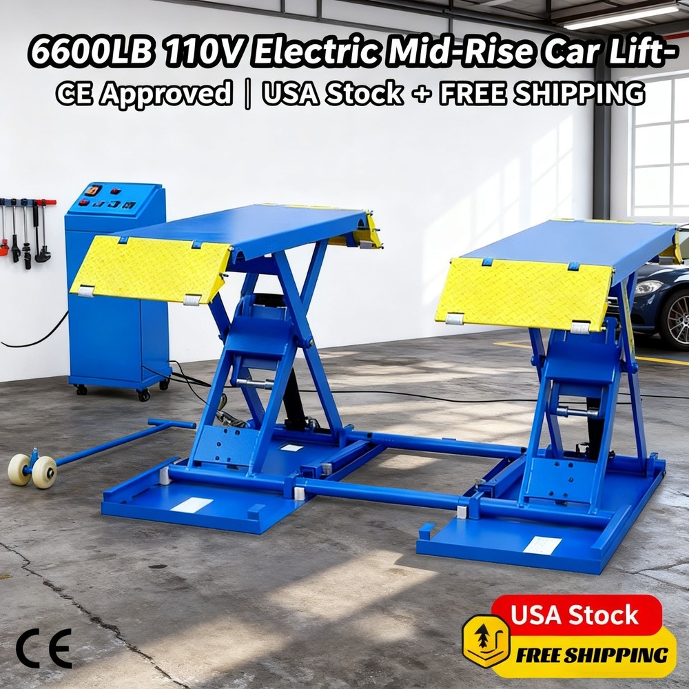 6600LB 110V Electric Mid-Rise Car Lift – CE Approved | USA Stock, FREE SHIPPING