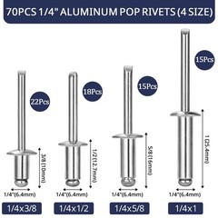 70 Pcs 1/4 Inches Pop Rivets 1/4″ x (3/8″, 1/2″, 5/8″, 1″) Silver Aluminum