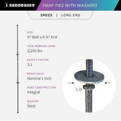 Sandbaggy 8″ x 8 ¼” Standard Snap Ties With 1″ Steel Washers (Long End)