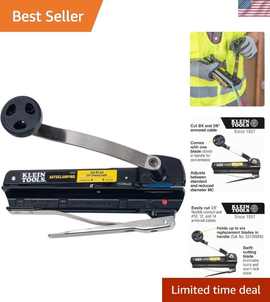 Professional BX Armored Cable Cutter with Blade Storage – Hand Powered Black