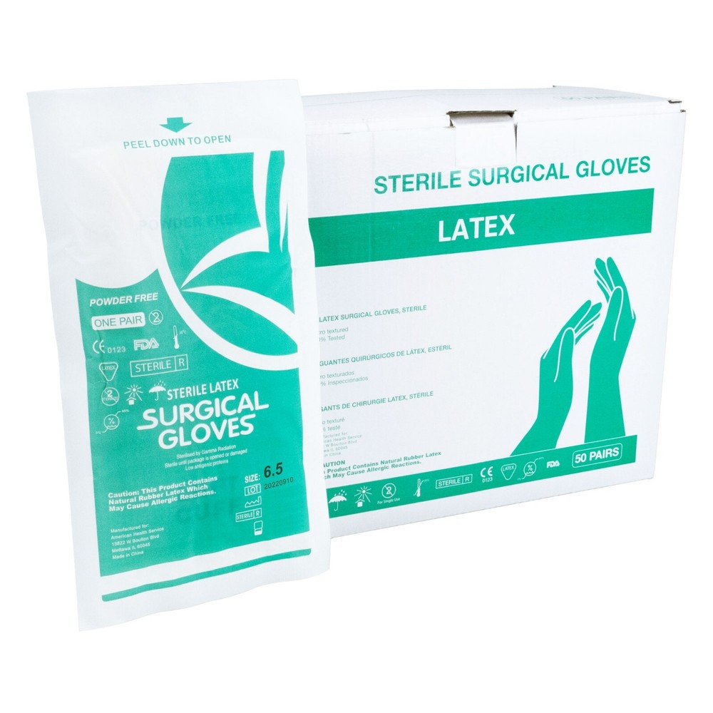 Sterile Latex Surgical Gloves, Size 6.5, Powder-Free, 50 Pairs/Box