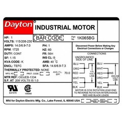 Dayton 1K065 Capacitor-Start General Purpose Motor, 1 Hp Hp, 115/208-230V Ac