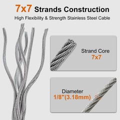 1/8″ wire cable, 100ft Wire Rope Metal Cable With Loop Sleeve And Steel Thimb…