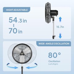 20″ Industrial Pedestal Fan 5000CFM 3-Speed Oscillating Fan w/ Adjustable Height
