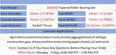 [Qty.10] New 30304 Tapered Roller Bearing Set [20mm Bore x 52mm OD x 16.25mm W]