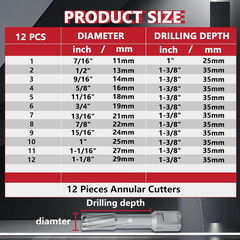 12 Pack 7/16 to 1-1/8 inch Annular Cutters Set with Weldon Shank,11mm ~ 29mm Car