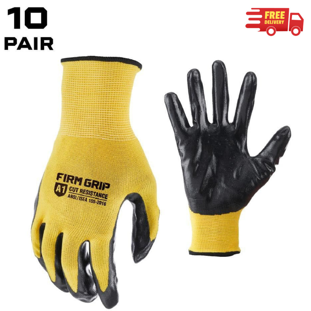 FIRM GRIP Work Gloves Men’s Large Nitrile Coated Machine Washable Yellow 10 Pack