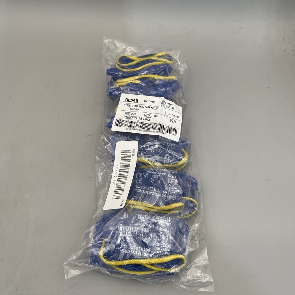 6 Pairs ANSELL 11-818 Palm Coated Nitrile Gloves Hyflex Blue Size 8 New