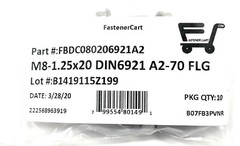 (10) M8 x 1.25 x 20 Stainless Steel DIN6921 A2 Hex Flange Bolts M8x20mm Flange