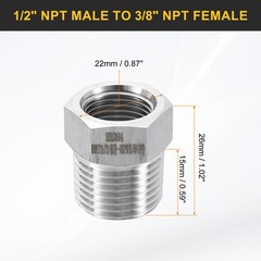 2 x 304 Stainless Steel Reducer Hex Bushing 1/2″ NPT Male to 3/8″ NPT Female