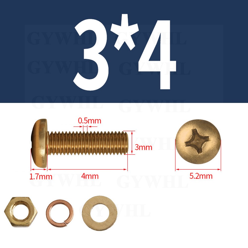 Brass Phillips Pan Head Machine Screws Bolts + Washer + Nuts + Spring Washer Set
