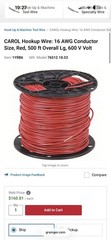 Hookup Wire: 16 AWG Conductor Size, Red, 500 ft Overall Lg, 600 V Volt