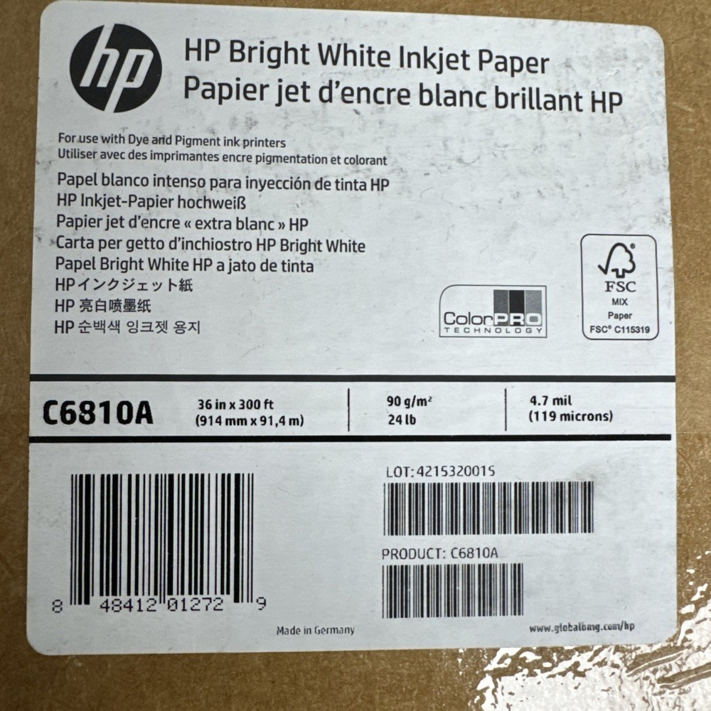 HP C6810A Bright White Inkjet Large Format Paper 4.7 mil 36″ x 300′ ft, 1 Roll