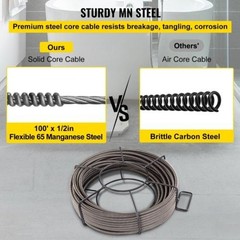Drain Cleaning Cable 100 Feet x 12 Inch Solid Core Cable Sewer Cable Drain
