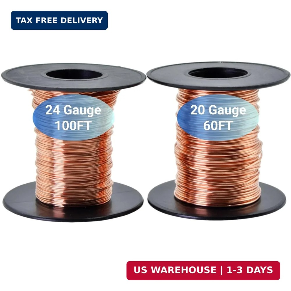 99.9% Pure Copper Wire Set | Non-Insulated 20 Gauge 60 Feet & 24 Gauge 100 Feet