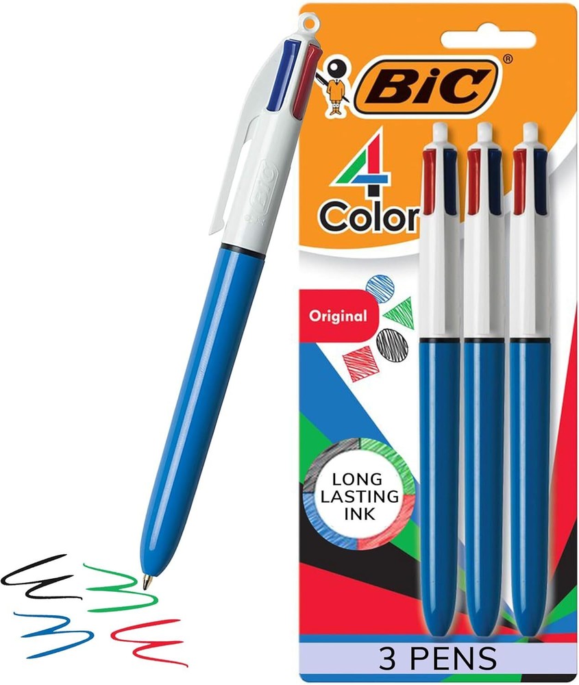 BIC 4-Color Original Retractable Ballpoint Pen with 1.0 mm Medium Point, 3-Count
