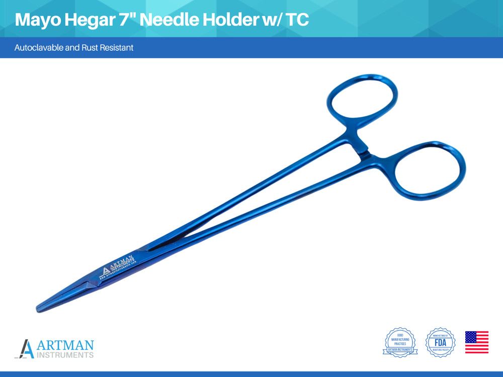 Mayo Hegar Needle Holder 7″ Needle Driver w/ TC Blue Plasma Inserts ARTMAN