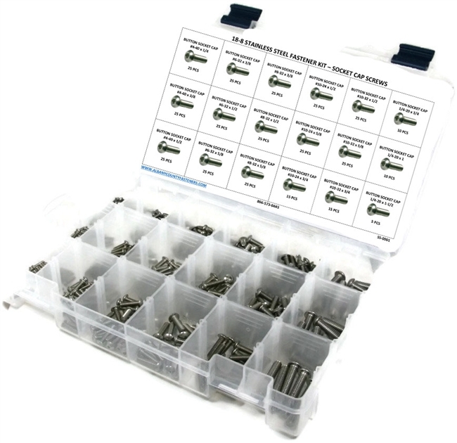 Stainless Steel Button Head Socket Cap Screw Assortment Kit #4-40 thru 1/4-20