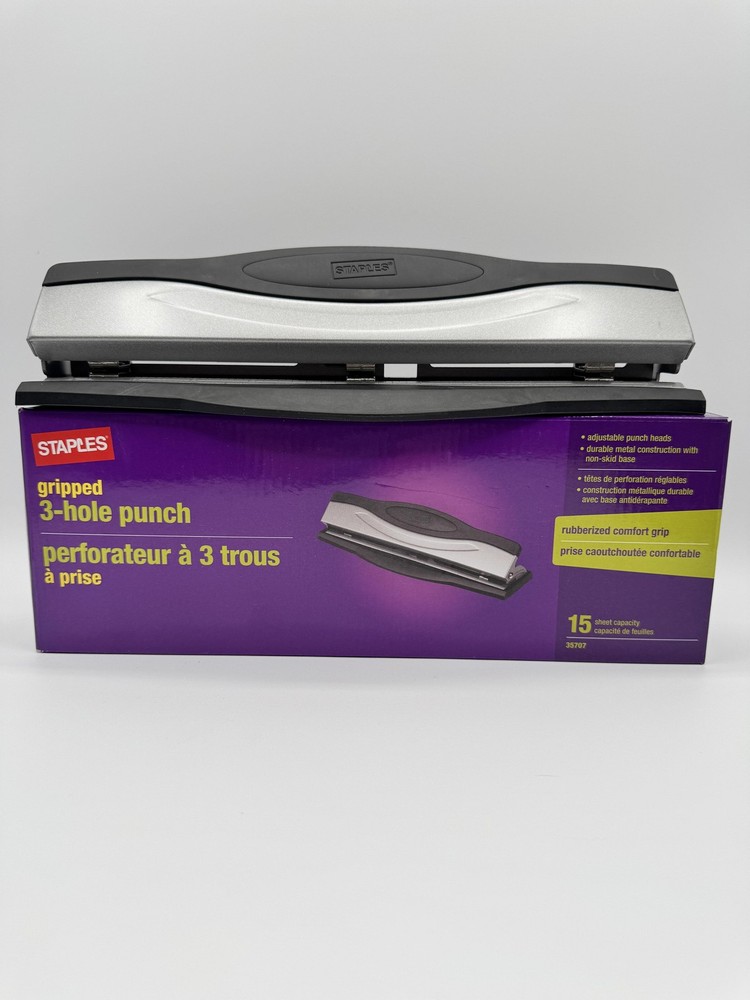 Staples Gripped 3-Hole Punch Adjustable 15 Sheet Capacity Silver Black
