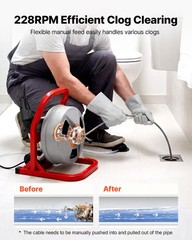 VEVOR Drain Cleaner Machine 50FT x 5/16″ Manual Feed with 228RPM Electric Drill