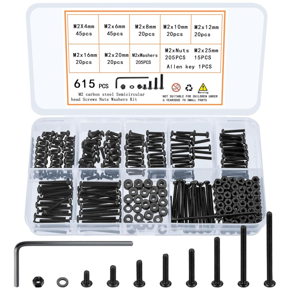 615Pcs M2 Screw Assortment M2 Bolts & Nuts Kit Hex Socket Button Head Cap Screws