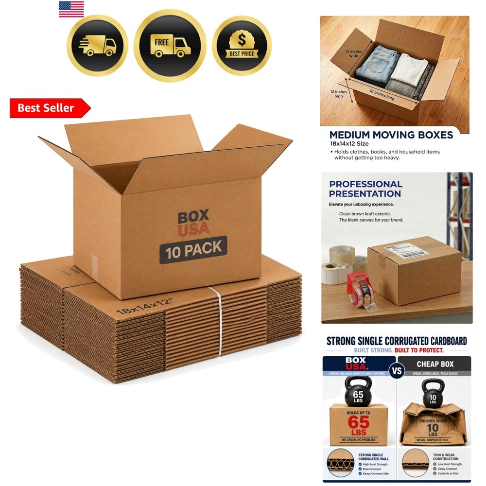 Moving Boxes Medium Holds 65lbs, 18″L x 14″W x 12″H 10-Pack | Corrugated Card…