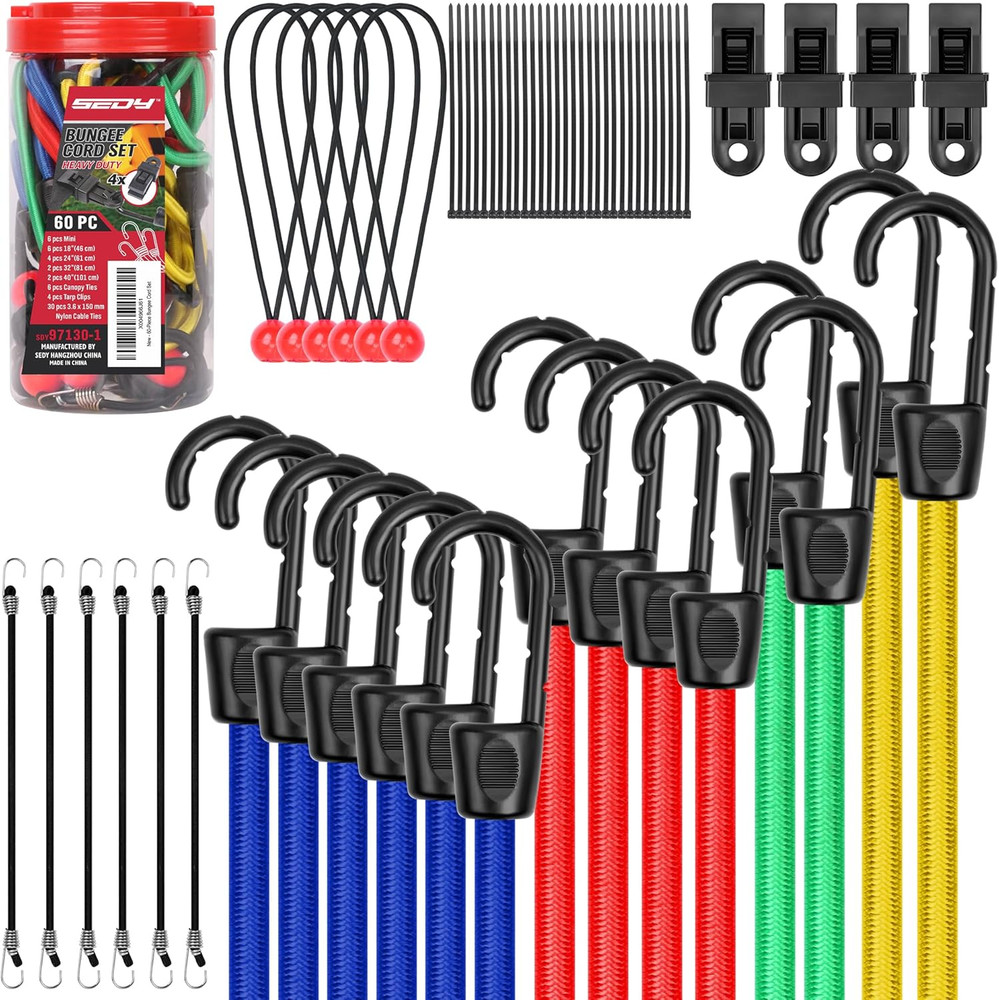 60PCS Bungee Cords Assorted Sizes Heavy Duty Elastic Tie Down Hooks Set