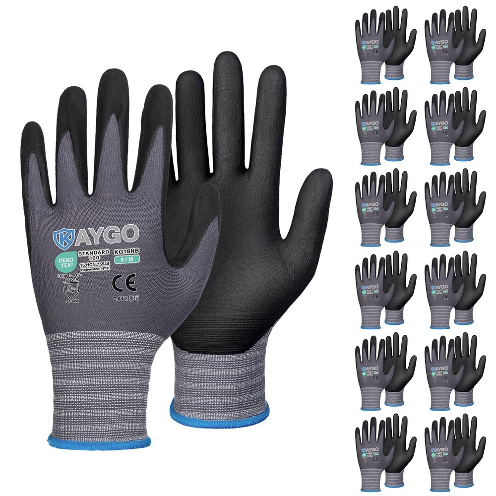 KAYGO Safety Work Gloves MicroFoam Nitrile Coated, 12 Pairs Medium, Gray