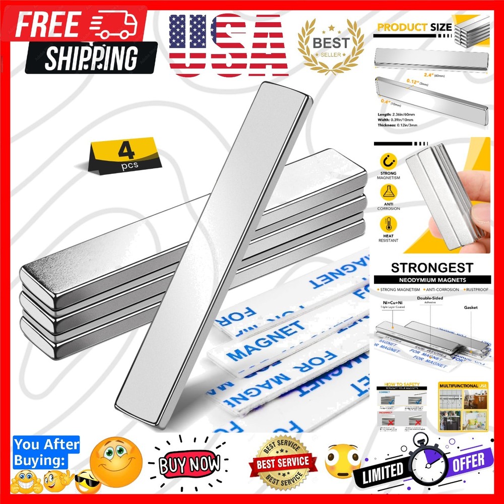Strong Neodymium Bar Magnets, Rare Earth Magnets with Double-Sided Adhesive, …