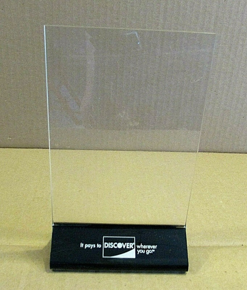 Vintage 1990’s Discover Card Advertising Clear Acrylic Tabletop Menu Card Holder