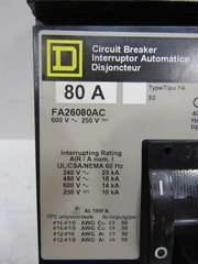 Square D FA26080AC 80 Amp 600V 2-Pole I-Line Circuit Breaker 80A 2P FA26080