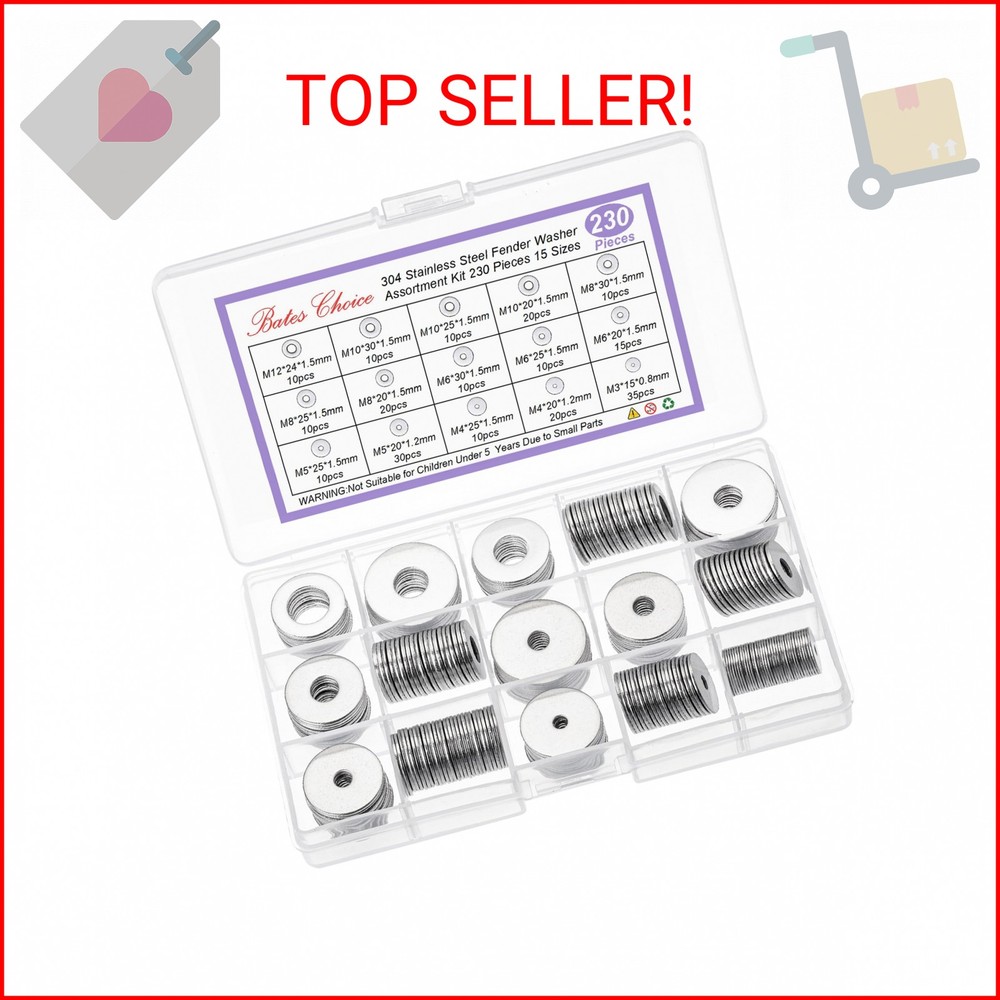 Bates- Fender Washers Assortment Kit, 230 pcs, Stainless Steel Flat Washers, 15