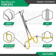 2 Pcs Bone Reduction Forceps 5.5″ & 8″ Curved Pointed Tip Gold Plated Instrument