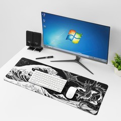 Black and White Large Mouse Pad, Japanese 31.5L x 11.8W inches, Wave Dragon