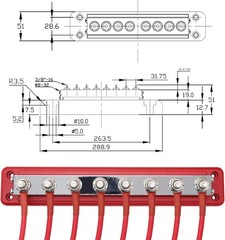 600A Battery Bus Bar 8 Way Copper Terminal Block M10 Studs with Cover Red Black