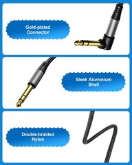 2Pack 10Ft TRS Instrument Cable Right Angle 1/4 Inch Male Jack Stereo Audio Cord