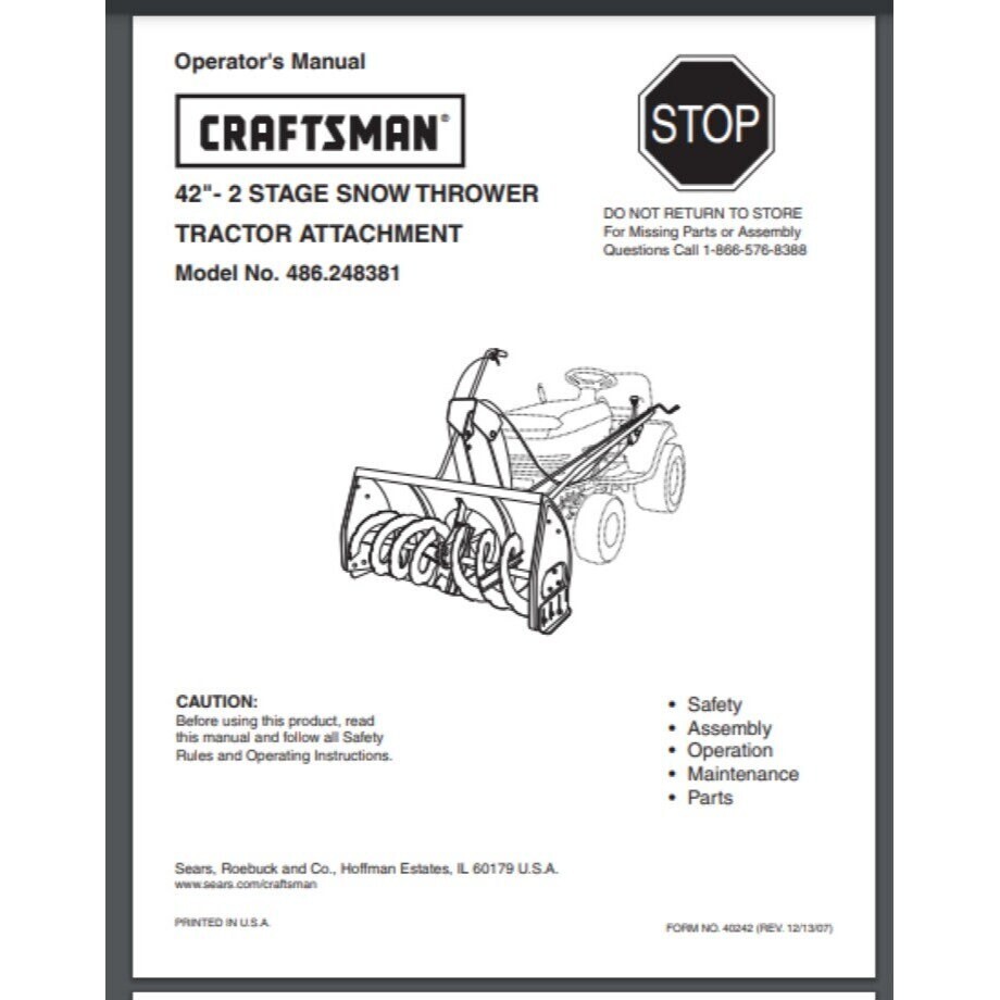 Sears Craftsman 42 inch tractor Snow Blower 486.248381 Operators Manual 40 pages