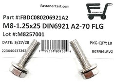 (10) M8 x 1.25 x 25 Stainless Steel DIN6921 A2 Hex Flange Bolts M8x25mm Flange