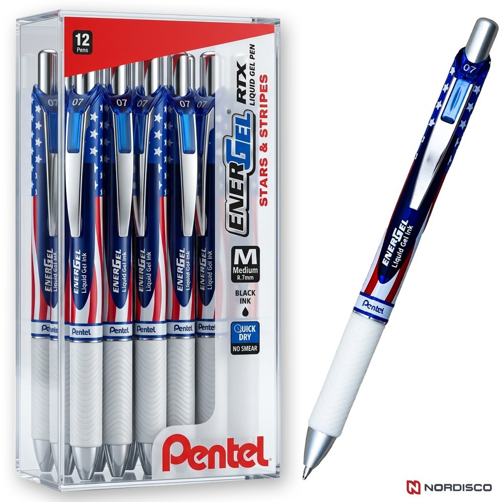 Pentel EnerGel RTX BL77USA-A Stars & Stripes Black Liquid Gel Ink Pen Box of 12