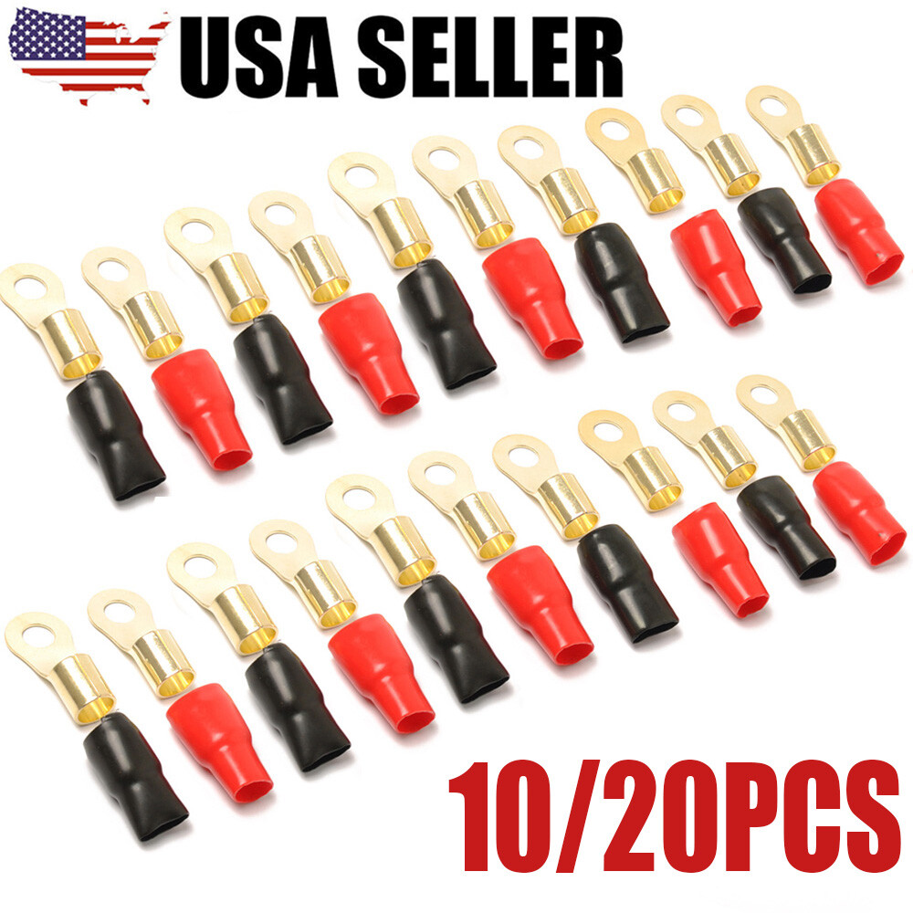 4 Gauge Gold Ring Terminal 10/20PCS 4 AWG Wire Crimp Cable- Black/Red Boots 3/8″